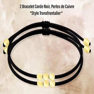 2 Bracelets Bohèmes Noir avec Perles de Cuivre *Style Bohème Corde Créatif* Tressage Irrégulier Main, Pompon à Cordon Coulissant, Nickel-Free, Anti-Oxydation, Ultra Résistants, Unisexe-Idéal Cadeau.