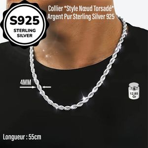 12,85Gr Collier en Argent Sterling S925 *Style Nœud Torsadé* 92,5% d'Argent, Magnétique Médical, sans Nickel, Unisexe, Résistant à l’Oxydation, Élégant et Intemporel, Poids Collier:12,27Gr Longueur:55cm, Idéal