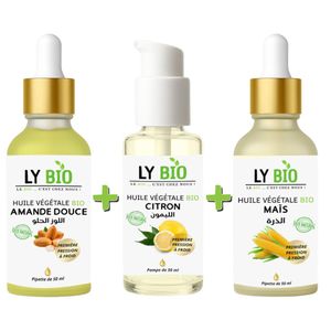 LY BIO PACK HUILE AMANDE DOUCE 50ML - PIPETTE + HUILE CITRON 50ML - POMPE + HUILE MAIS 50ML - PIPETTE