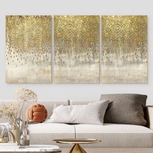 Tableau Triptyque Set de 3 Toiles Murales – Design Abstrait Gouttes Dorées sur Fond Beige, Décoration Élégante pour Salon