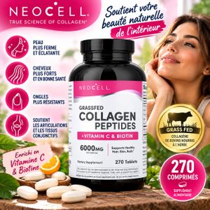 Neocell Grassfed Collagen Peptides 6000 mg + Vitamine C & Biotine – 270 Comprimés – Collagène pour Peau, Cheveux & Ongles