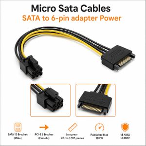 Micro Sata Cables Adaptateur d’alimentation SATA 15 broches vers PCI Express 6 broches – 20 cm