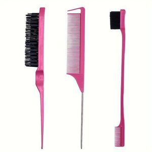 Ensemble de 3 brosses à coiffer : brosse à crêper, brosse à queue de rat, brosse à bords pour peigner les côtés et l'arrière, brossage des cheveux, lissage des cheveux