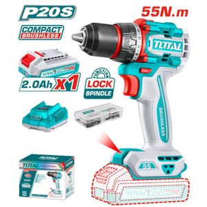 TOTAL Perceuse-Visseuse Sans Fil Brushless 20V - TDLI205582 - 55Nm + 47 Accessoires