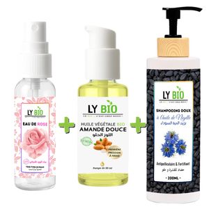 LY BIO حزمة LYBIO ماء الورد 100 مل + زيت اللوز الحلو 50 مل - بمضخة + شامبو بزيت حبة البركة 200 مل