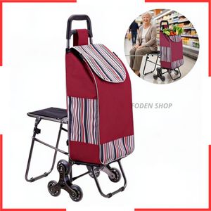 Chariot de courses monte-escaliers avec siège,chariot de courses  avec 6 Roues,pliable et portable pour personnes âgées,chariot à main léger avec tabouret