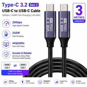 Câble USB-C vers USB-C 3.2 Gen 2 – 20Gbps, Charge Rapide 240W, 4K@60Hz, Câble Type-C Haute Performance – 3 Mètres