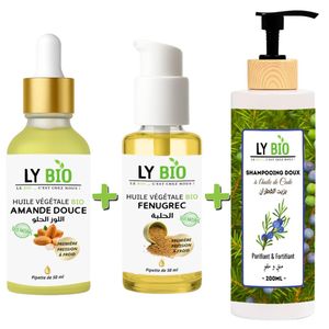 LY BIO PACK HUILE AMANDE DOUCE 50ML - PIPETTE + HUILE FENUGREC 50ML - POMPE + SHAMPOOING A L'HUILE DE CADE 200ML
