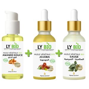 LY BIO PACK HUILE AMANDE DOUCE 50ml - POMPE + HUILE JOJOBA 50ML - PIPETTE + HUILE SAUGE 50ML - PIPETTE