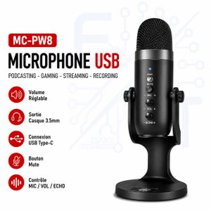Jmary Microphone USB Professionnel MC-PW8 – Réduction du Bruit, USB Type-C, Monitoring 3.5 mm, Plug & Play