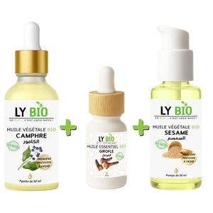 LY BIO PACK HUILE CAMPHREE 50ML - PIPETTE + HUILE ESSENTIEL GIROFLE 10ML + HUILE SESAME 50ml - POMPE