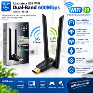 Adaptateur WiFi USB Double Bande 600 Mbps 2.4GHz/5GHz – 2 Antennes Haut Gain – Modèle W166