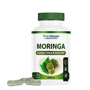 Herbo Ridouane Capsules de Moringa, Poudre de Moringa Pure Bio Soutient la Santé Énergétique de la Peau 300mg 60 Gélules, Énergie, Tonus & Immunité
