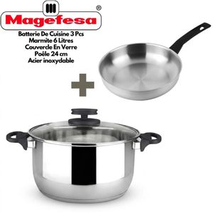 Magefesa Style Set Batterie de Cuisine 3 Pièces Inox, Marmite 24 cm 6L avec Couvercle en Verre + Poêle 24 cm, Tous Feux Dont Induction, Diffusion Homogène de la Chaleur, Cuisine Élégante au Quotidien