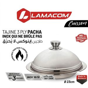 Tajine 3 Plis en Inox 18/10 Anti-Brûlure – Modèle Pacha Ø 23 cm – Compatible Tous Feux y Compris Induction – Fabriqué au Maroc