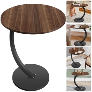 Table d’appoint ronde design moderne avec plateau effet bois et pied métallique incurvé – Table décorative élégante pour salon,chambre et bureau