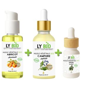 LY BIO PACK HUILE ABRICOT 50ML - POMPE + HUILE CAMPHREE 50ML - PIPETTE + HUILE ESSENTIEL SAUGE 10ML