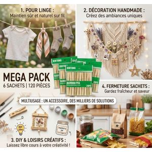 Pack de 6 Sachets-Lot de 120 Mini Pinces à Linge en Bambou - Pour Linge Délicat & DIY