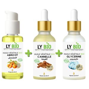 LY BIO PACK HUILE ABRICOT 50ML - POMPE + HUILE CANNELLE 50ML - PIPETTE + HUILE GLYCERINE 50ml - PIPETTE