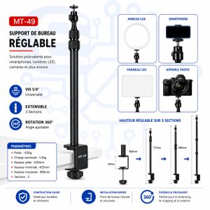 Jmary Support de Bureau Réglable pour Smartphone, Caméra & Éclairage LED – Rotation 360° – Extensible 42,5 à 98 cm – Filetage Universel 1/4