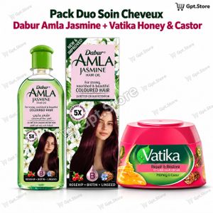 Dabur Amla Huile Jasmin (200ml)+Vatika Crème Coiffante/Protecteur thermique au miel et au ricin-Repair & Restore(140ml)