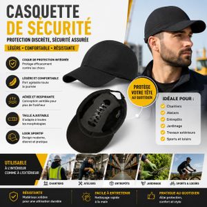 Casquette de Securite Anti Chocs Look Sportif avec Coque de Protection Integree - Equipement de Protection Individuelle Chantier Atelier Jardinage Cyclisme Taille Ajustable Noir