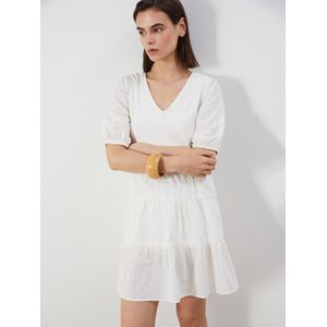 Lc Waikiki V-Neck Hole-Knitted Balloon Sleeve A-Line Broderie Dress