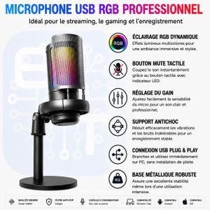 Microphone USB RGB Professionnel avec Support Antichoc, Bouton Mute et Réglage du Gain pour Streaming, Gaming et Enregistrement