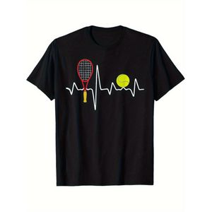 T-shirt de sport pour homme avec un motif de battement de cœur de tennis et une balle de tennis rouge - Fabriqué à partir d'un matériau épais de 180 g/m², col rond, manches courtes et tissu respirant - Parfait pour les athlètes, les entraîneurs et les s