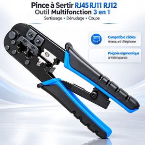 Pince à Sertir RJ45 RJ11 RJ12 Multifonction 3 en 1, Outil de Sertissage, Dénudage et Coupe pour Câbles Réseau et Téléphone