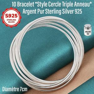 49,60Gr 10 Bracelet en Argent Sterling S925 *Style Cercle Triple Anneau* 92,5% d'Argent, Magnétique Médical, sans Nickel, Féminine, Résistant à l’Oxydation, Élégant et Intemporel, Diamètre 7cm Idéal