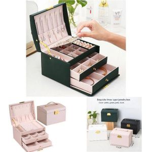علبة مجوهرات بثلاث طبقات مع مفتاح للقلادة والأقراط والأساور