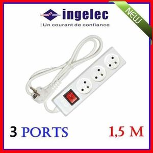 Rallonge électrique de 3 Prises & 1.5 Mètres long du câble, Multiprise (3 prises+T) avec interrupteur