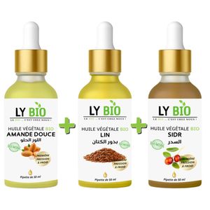 LY BIO PACK HUILE AMANDE DOUCE 50ML - PIPETTE + HUILE LIN 50ML - PIPETTE + HUILE SIDR 50ML - PIPETTE