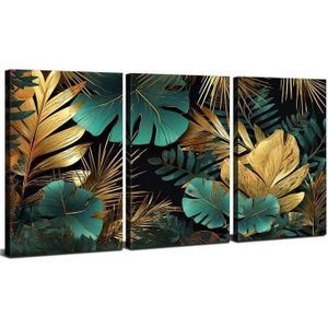 Tableau Mural Tropical Lot de 3 – Feuillage Doré et Vert Émeraude, Décoration Murale Moderne pour Salon