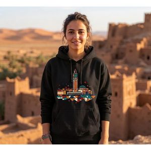 General Sweat à capuche femme noir, 1 pièce, manches longues, imprimé architectural marocain coloré et poche kangourou