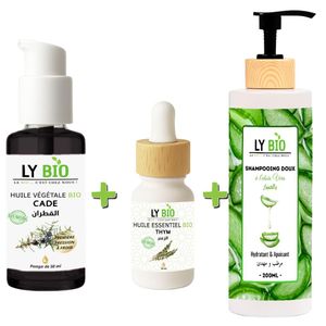 LY BIO PACK HUILE CADE 50ML - POMPE + HUILE ESSENTIEL THYM 10ML + SHAMPOOING ALOE VERA 200ML