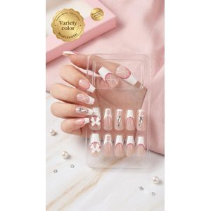 Kit de 12 Faux Ongles Premium – French Manucure Moderne, Liseré Rose Élégant & Décors Nœuds 3D + autocollant 2 face 