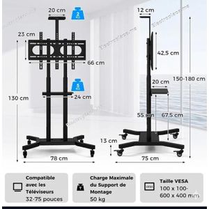 Support tv sur Pied à roulettes réglable meuble pour TV 55 – 75 pouces Pied Roulant de mobile adaptable de qualité