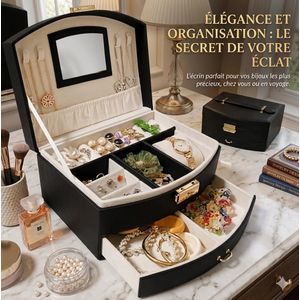 Coffret à Bijoux Double Niveau avec Tiroirs – Boîte de Rangement Élégante avec Miroir pour Colliers, Bagues et Boucles d’Oreilles