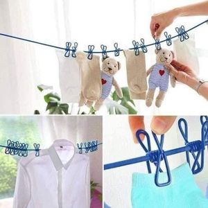 Corde À Linge Élastique Portable Avec 12 Crochets bleu