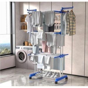 Etendoir Linge Interieur, 4 Niveaux Grande Sechoir a Linge Pliable avec Roues, Acier Inoxydable Seche Linge Etendoir pour Usage Intérieur et Extérieur