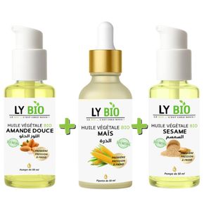 LY BIO PACK HUILE AMANDE DOUCE 50ml - POMPE + HUILE MAIS 50ML - PIPETTE + HUILE SESAME 50ml - POMPE