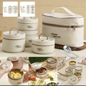 Lunch Box Isotherme 4 Boîtes avec Sac de Transport – Ensemble de Récipients à Déjeuner avec Couvercles Étanches, Fourchette et Cuillère en Acier Inoxydable pour Repas au Travail et à l’École