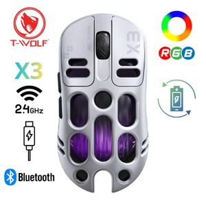 T-Wolf Souris de jeu sans fil silencieuse rechargeable X3 à trois modes pour le jeu eSport RGB respirant, mécanique, avec programmation de macros avec capteur Instant 203, 6 boutons 12000 DPI réglables pour ordinateur portable