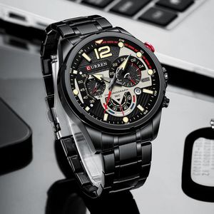 Curren Montre Homme Sport Chronographe 8395 Tout Noir Grand Cadran 47mm Bracelet Acier Inoxydable Dateur 24h Luminescent Étanche