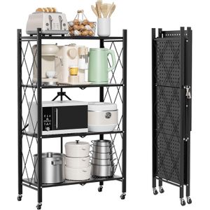 رف تخزين ذو 4 مستويات مع عجلات، رف معدني قوي، رف قابل للطي