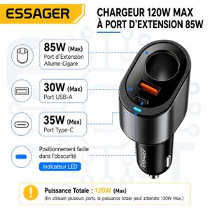 ESSAGER Adaptateur Allume-Cigare 120W avec USB-A 30W, USB-C 35W et Prise d’Extension 85W pour Voiture