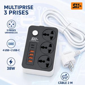 SH مشترك كهربائي بـ3 مقابس عالمية و4 USB + 2 USB-C بقدرة 38W مع مفتاح وكابل 2 متر
