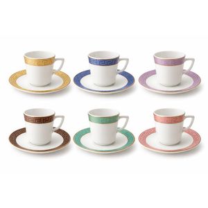 طقم أكواب قهوة بورسلان مع صحون – 6 ألوان بزخرفة ذهبية